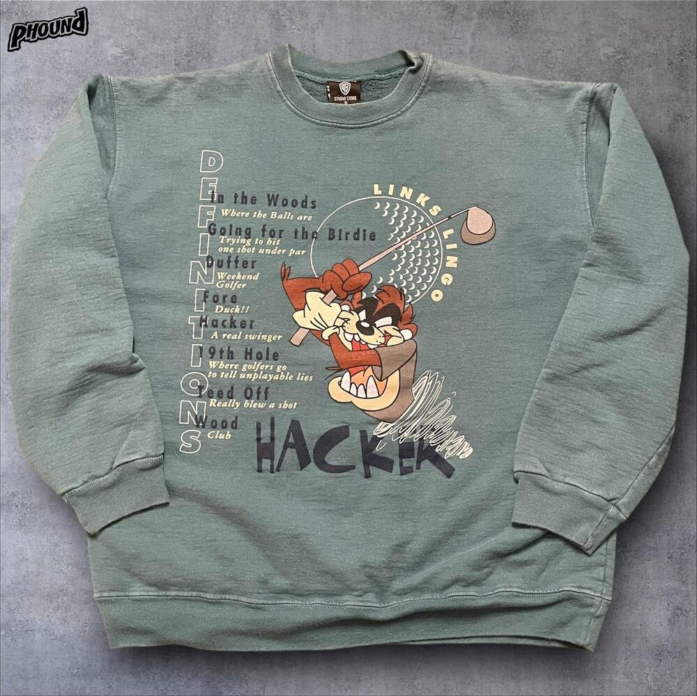 Vintage Looney Tunes Sweatshirt Mens Small Green Taz Golf Hacker Made USA 90s